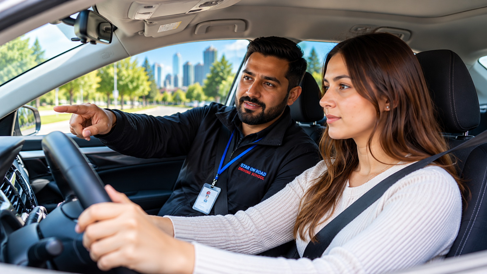 Driving instructor guiding a student behind the wheel