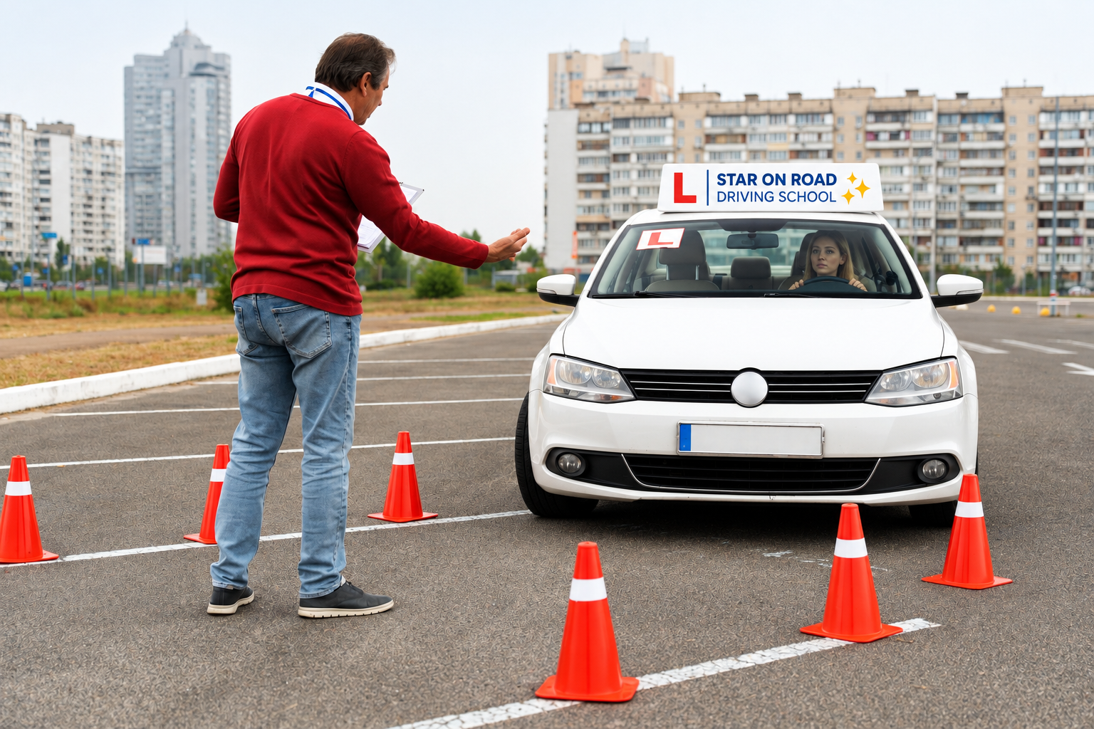 Driver practising refreshed driving skills with an instructor