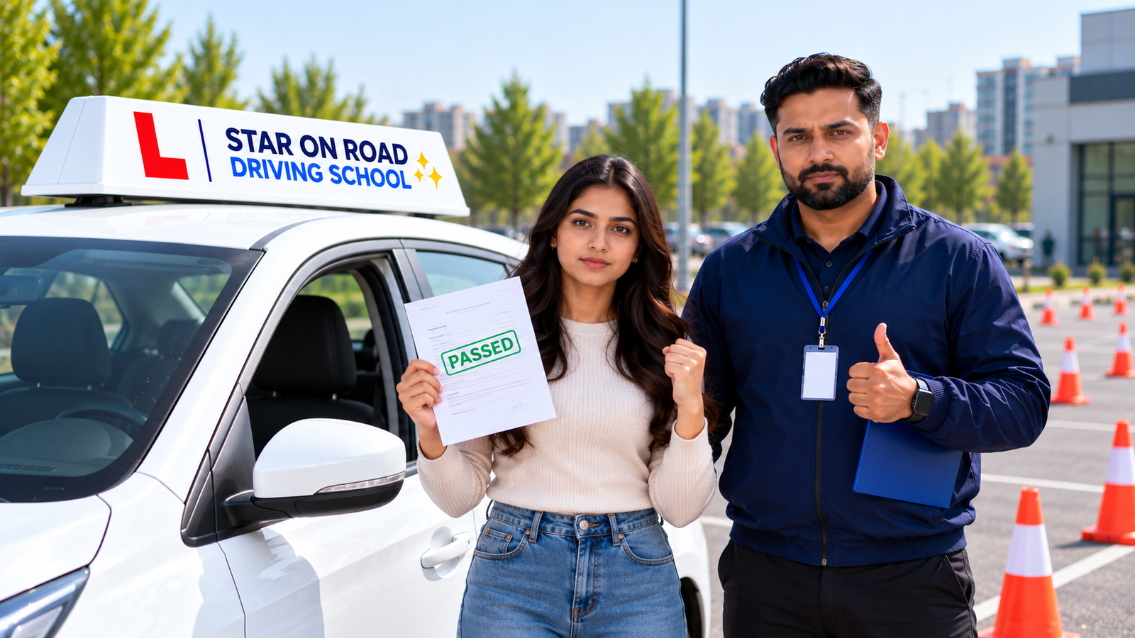 Instructor handing car keys to a new driver
