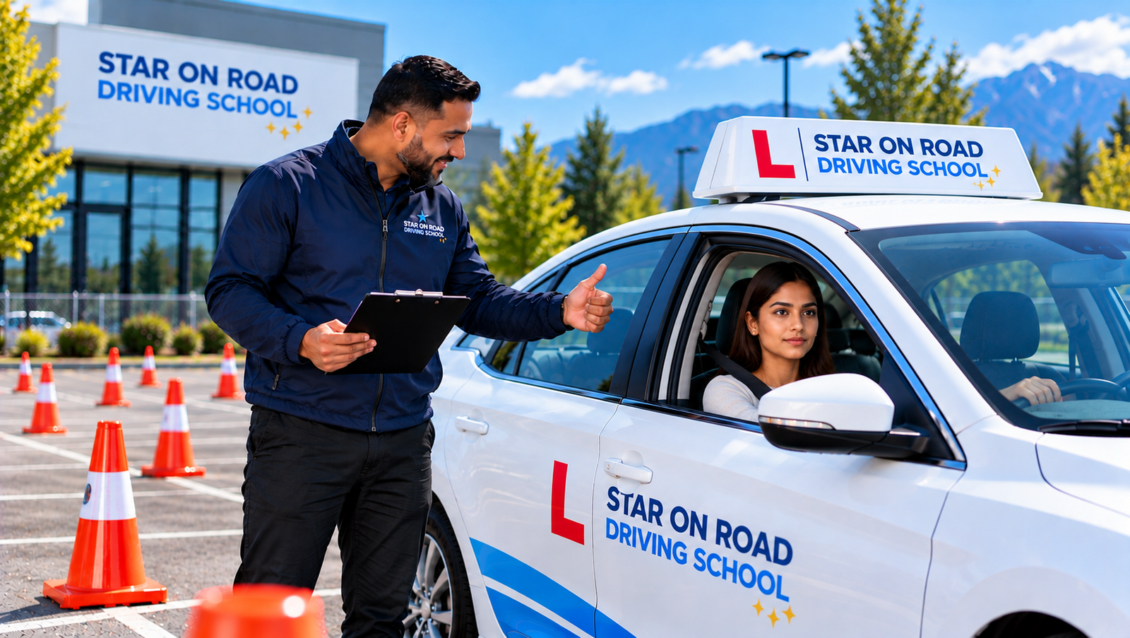 Star On Road instructor giving a thumbs up to a smiling student in the driving school car