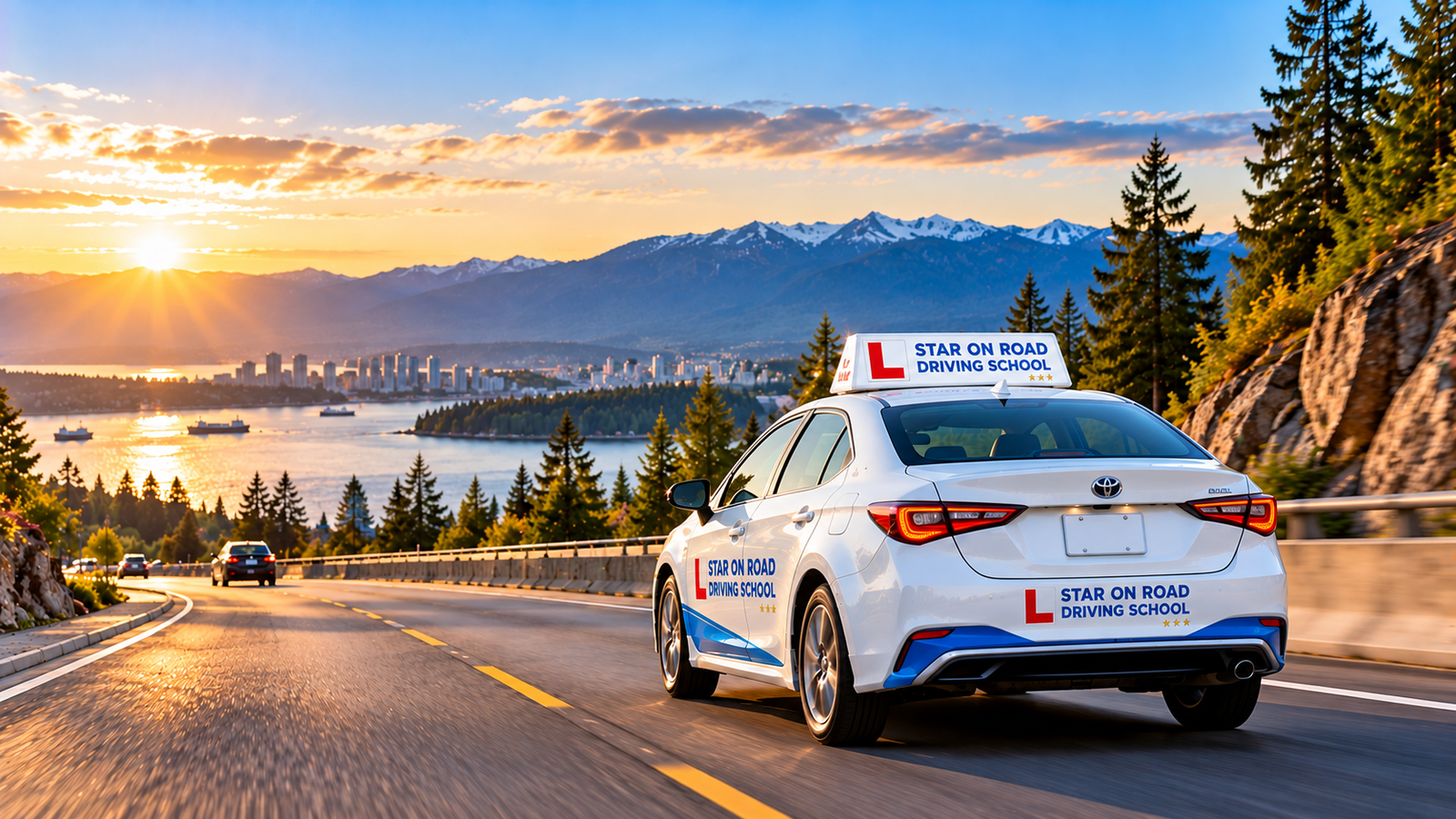 Car driving safely on a mountain highway