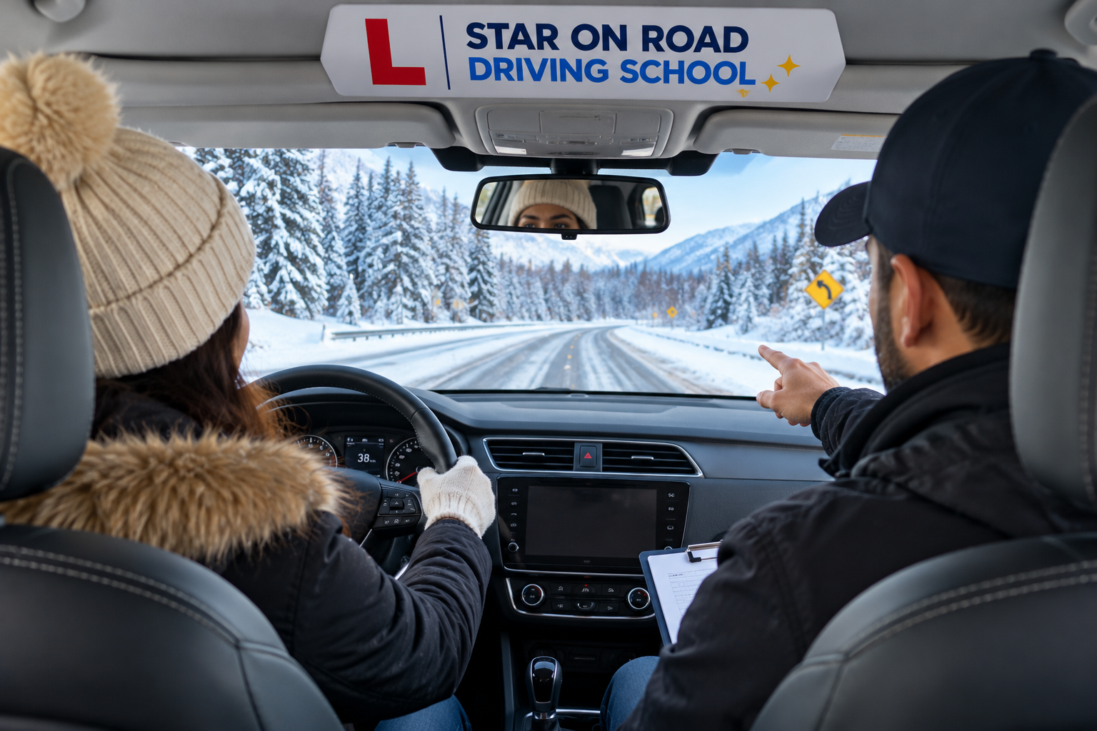 Car driving on a snowy winter road