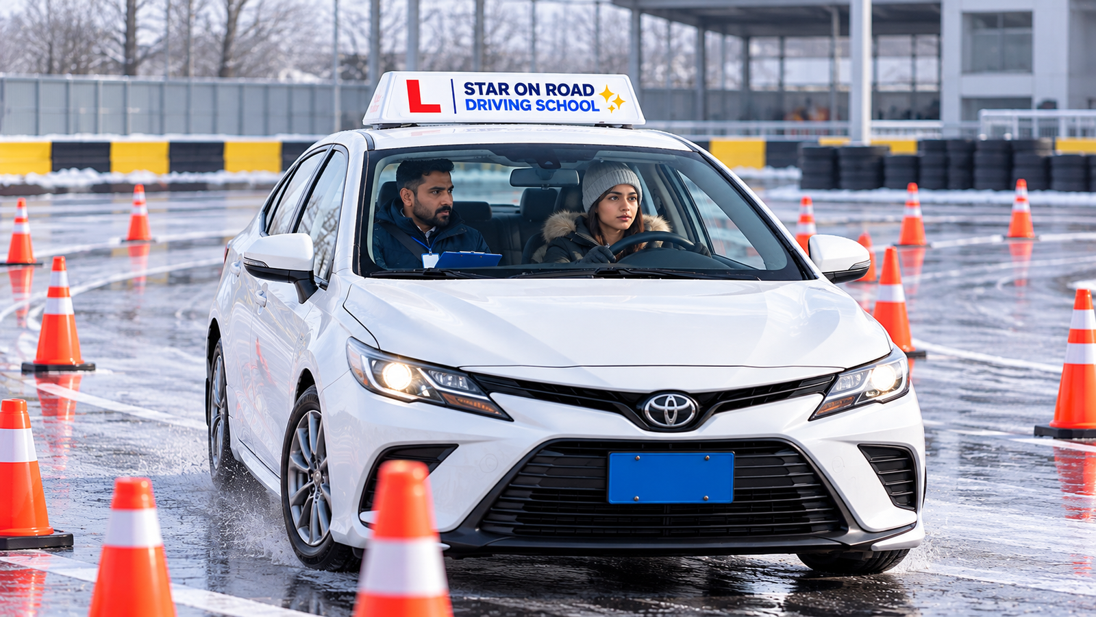 Driver learning safe winter driving techniques with a professional instructor